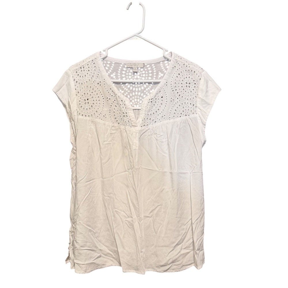 Pale Sky Womens XL White Eyelet Lace Cap‎ Sleeve V-Neck 100% Rayon Blouse XL